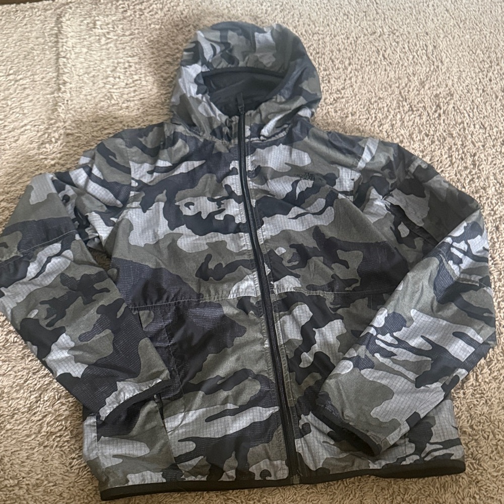The North Face Men's Gray Camo Hooded Rain Jacket